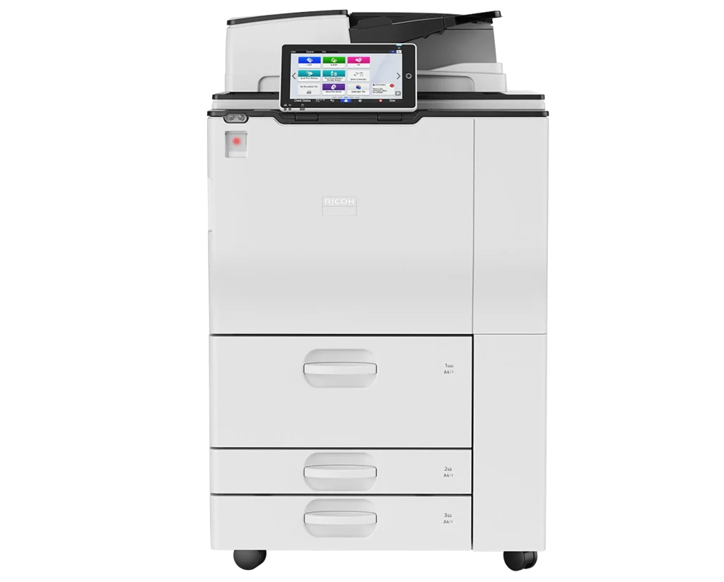 A high-capacity Ricoh multi-function printer receiving professional on-site diagnostic and repair services in an El Paso corporate office.